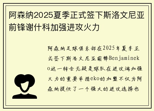 阿森纳2025夏季正式签下斯洛文尼亚前锋谢什科加强进攻火力